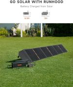 runhood portable solar generator with swappable batteries and 3 ac outlets.