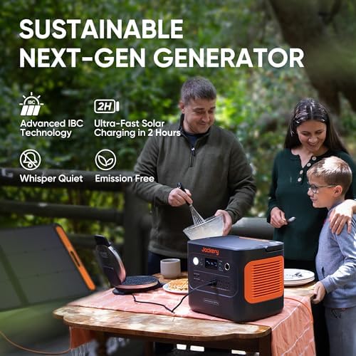 Jackery Portable off-grid power station with solar panels for outdoor living.