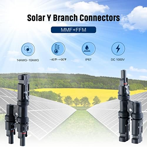 rewrite this title jjn solar branch connectors 2 to 1 solar connector waterproof solar y connector for parallel connection between solar panels fmm+mff(1 pair) summary 7-10 words