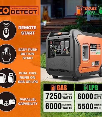 GENMAX Quiet 7250W Generator with Dual Fuel & Remote Start