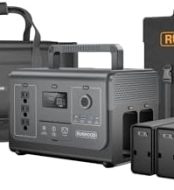 runhood portable solar generator with swappable batteries and 3 ac outlets.