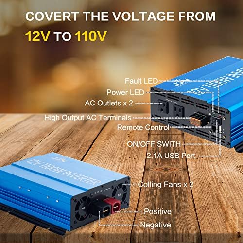 rewrite this title summary 7-10 words: JJN Power Inverter 1100 Watt Modified Sine Wave Inverter 12V DC to 110V AC Converter for Home, Laptop, Off-Grid Solar Power Inverter with Built-in 5V/2.1A USB Port, 2 AC Outlets, Remote Controller