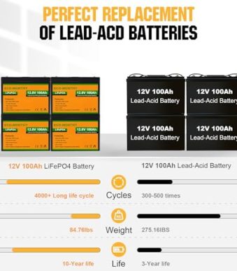 ECO-WORTHY Lithium Battery with BMS 12V 100Ah 4 Pack LiFePO4