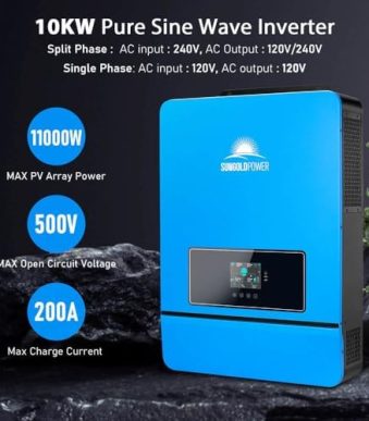 rewrite this title summary 7-10 words: sungoldpower 10000w dc 48v pure sine wave solar inverter, built-in 2 mppt solar controllers, max. 200a battery charging, ac input/output 120v/240v(settable) inverter charger (10000w dc 48v)