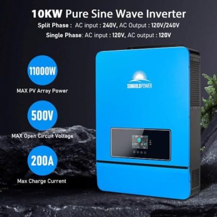 rewrite this title summary 7-10 words: sungoldpower 10000w dc 48v pure sine wave solar inverter, built-in 2 mppt solar controllers, max. 200a battery charging, ac input/output 120v/240v(settable) inverter charger (10000w dc 48v)