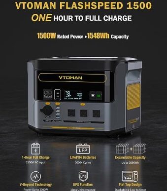 vtoman portable power station with 1500w ac outlets and fast recharge