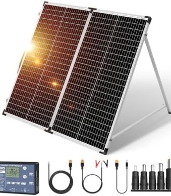 dokio portable 150w solar suitcase kit for charging batteries.
