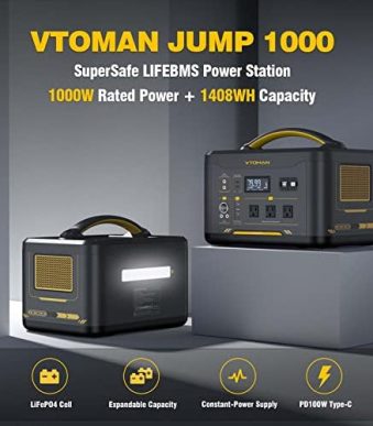 vtoman portable power station with 1000w ac outlets for camping